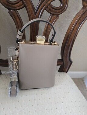 Taupe Box Handbag with Top Handle and Crystal Clasp